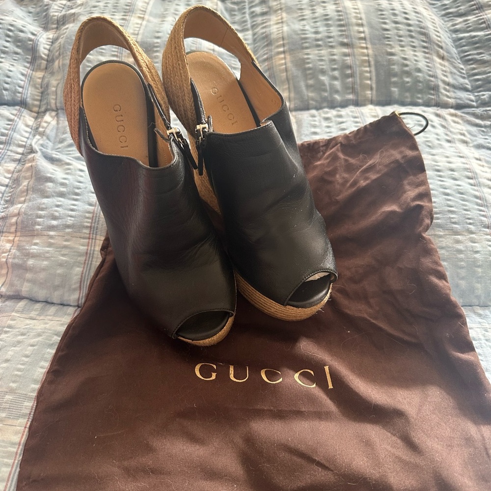 Gucci Black Leather Peep-Toe Wedges